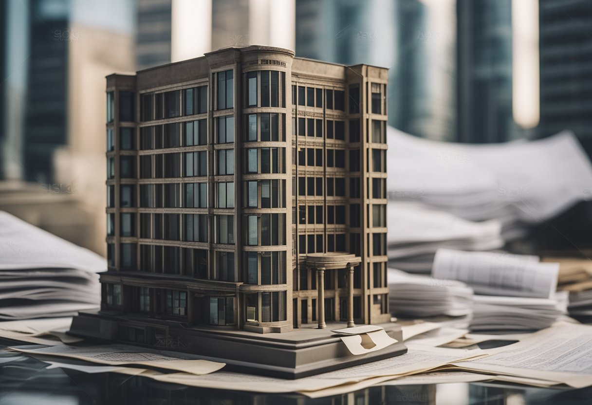 A commercial real estate building surrounded by distressed bond documents, with a protective shield around it