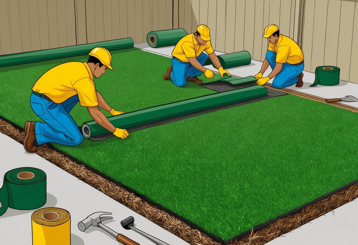 A team of workers laying artificial turf in a backyard, surrounded by rolls of green grass and tools