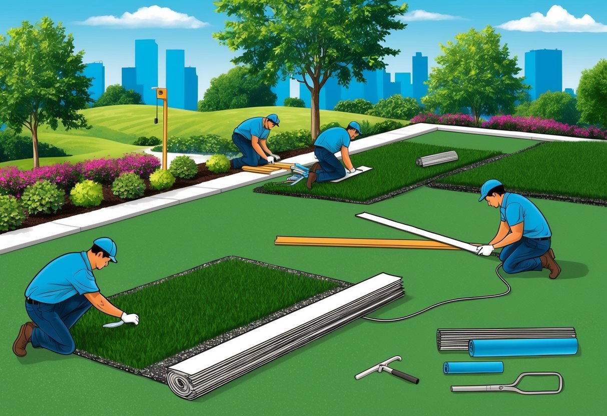 A landscape with workers laying artificial turf, measuring and cutting materials, and equipment for installation by Sparkly Turf Services