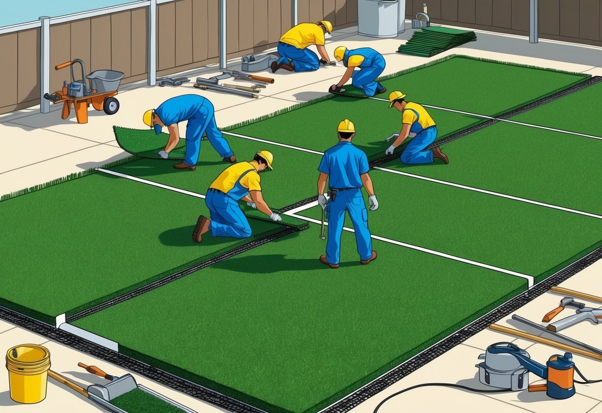 A team of workers laying down artificial turf on a large outdoor area, surrounded by tools and equipment