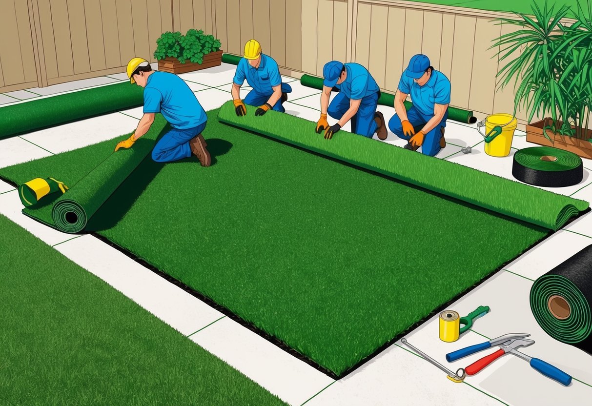 A team of workers lays down artificial turf in a backyard, surrounded by rolls of green turf and various tools