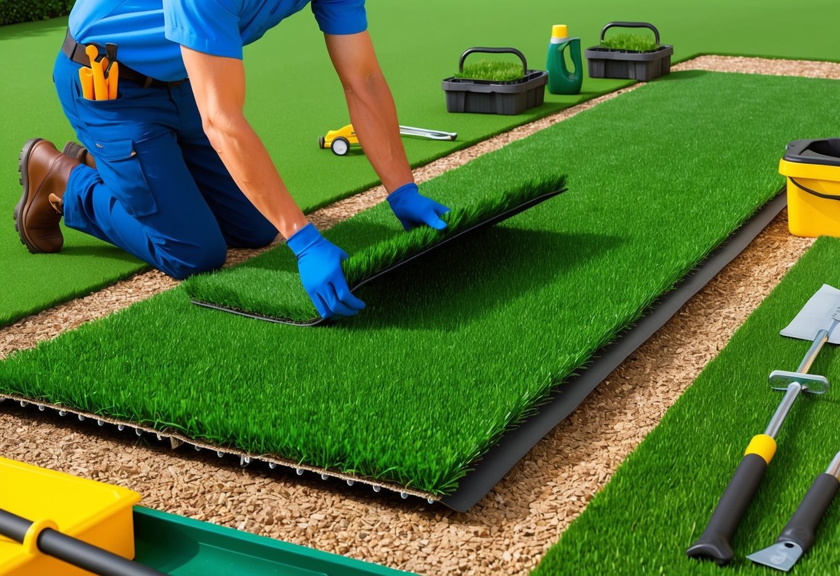A landscaper carefully spreads and secures artificial turf on a freshly-prepared lawn, surrounded by tools and materials