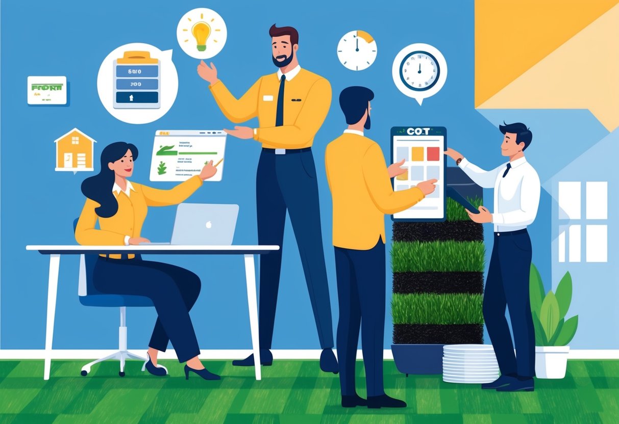 A customer service representative assisting a client with warranty and support inquiries, while another employee calculates the cost of laying artificial turf