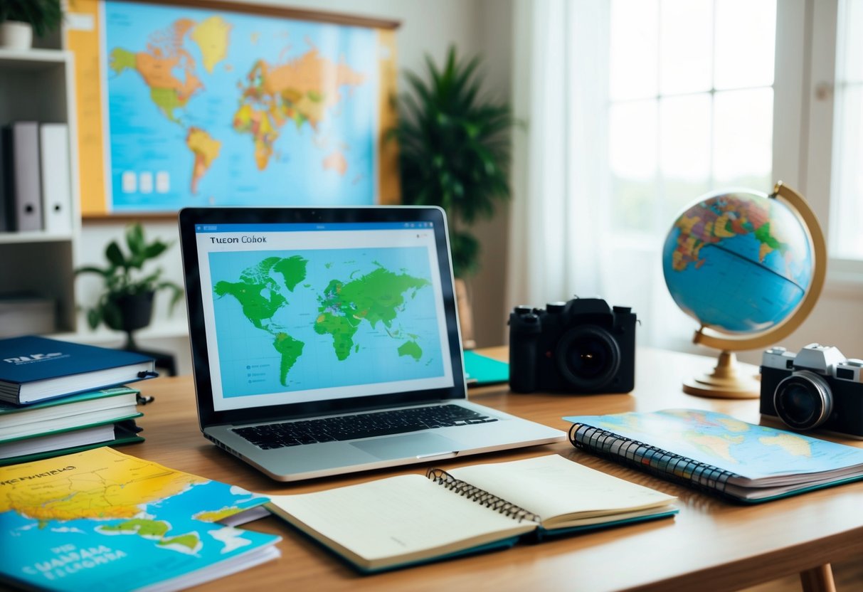 A laptop and notebook sit on a desk, surrounded by travel guides and maps. A globe and camera are nearby. The room is filled with the excitement of starting a new travel business
