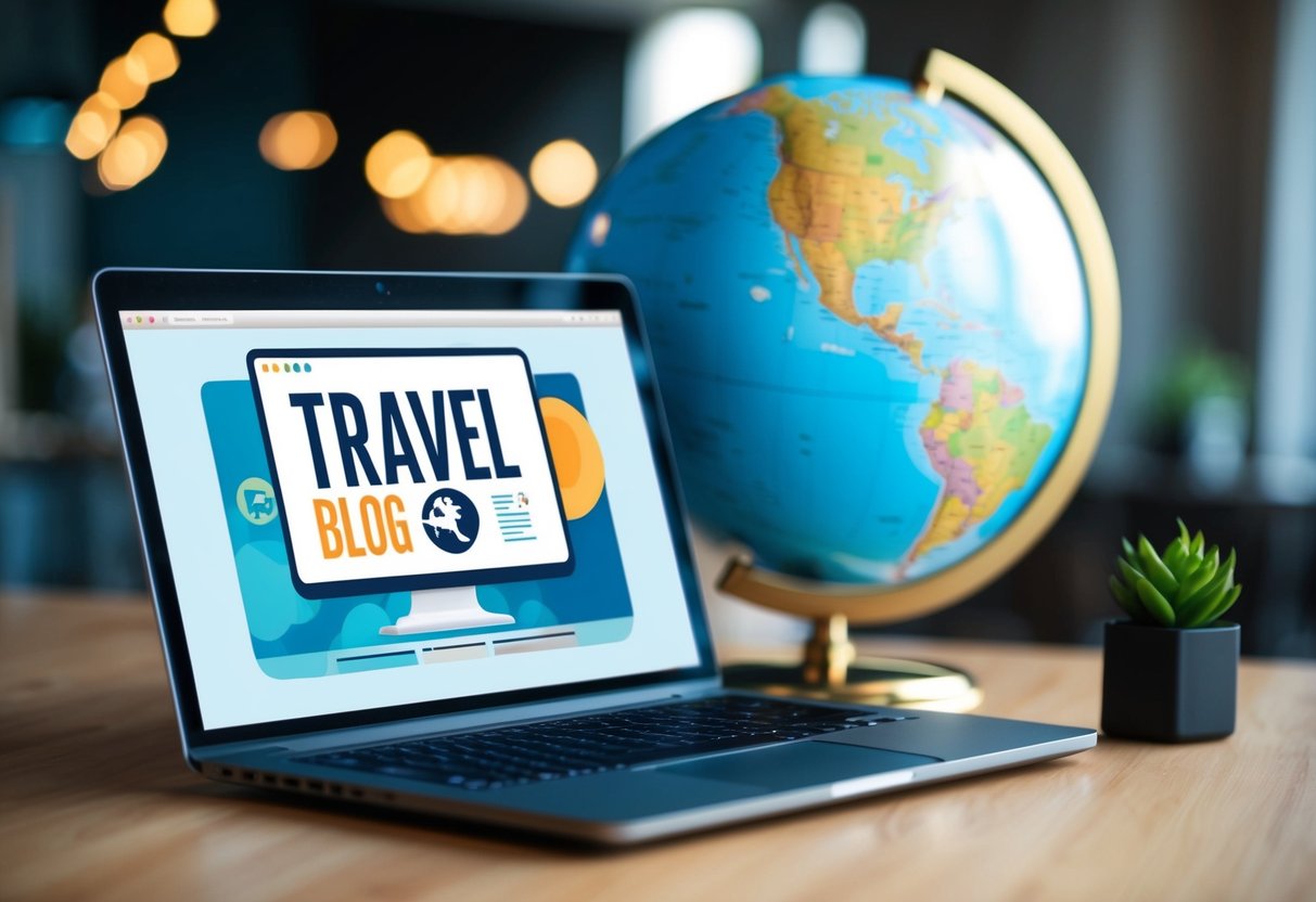 A laptop displaying an AI travel blog review, with a globe and travel business logo in the background