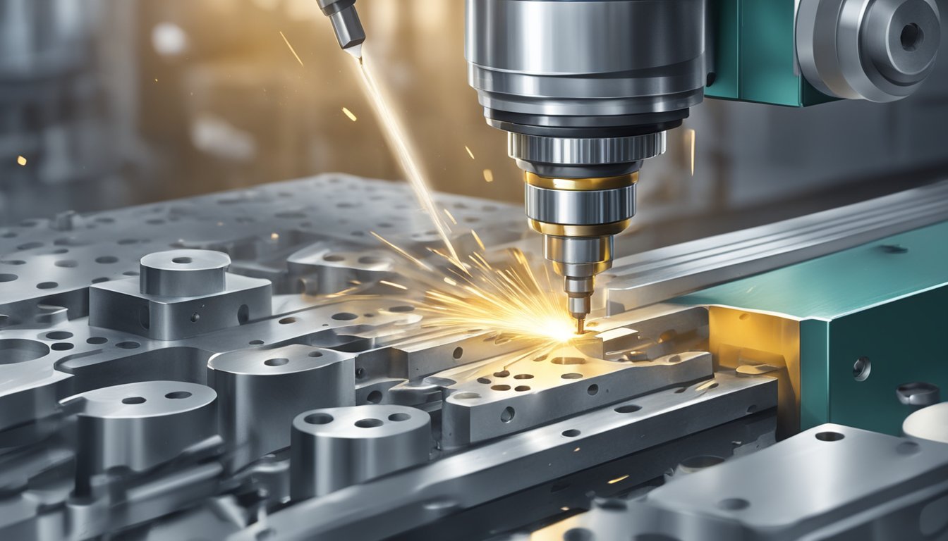 An industrial setting with a precision machine drilling into aluminum using a carbide drill bit. Chips of metal fly as the drill creates precise holes