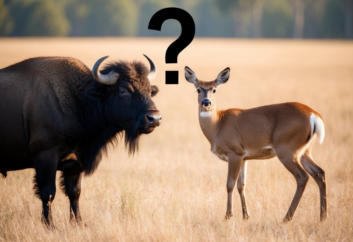 A buffalo and a deer standing side by side with a question mark above them