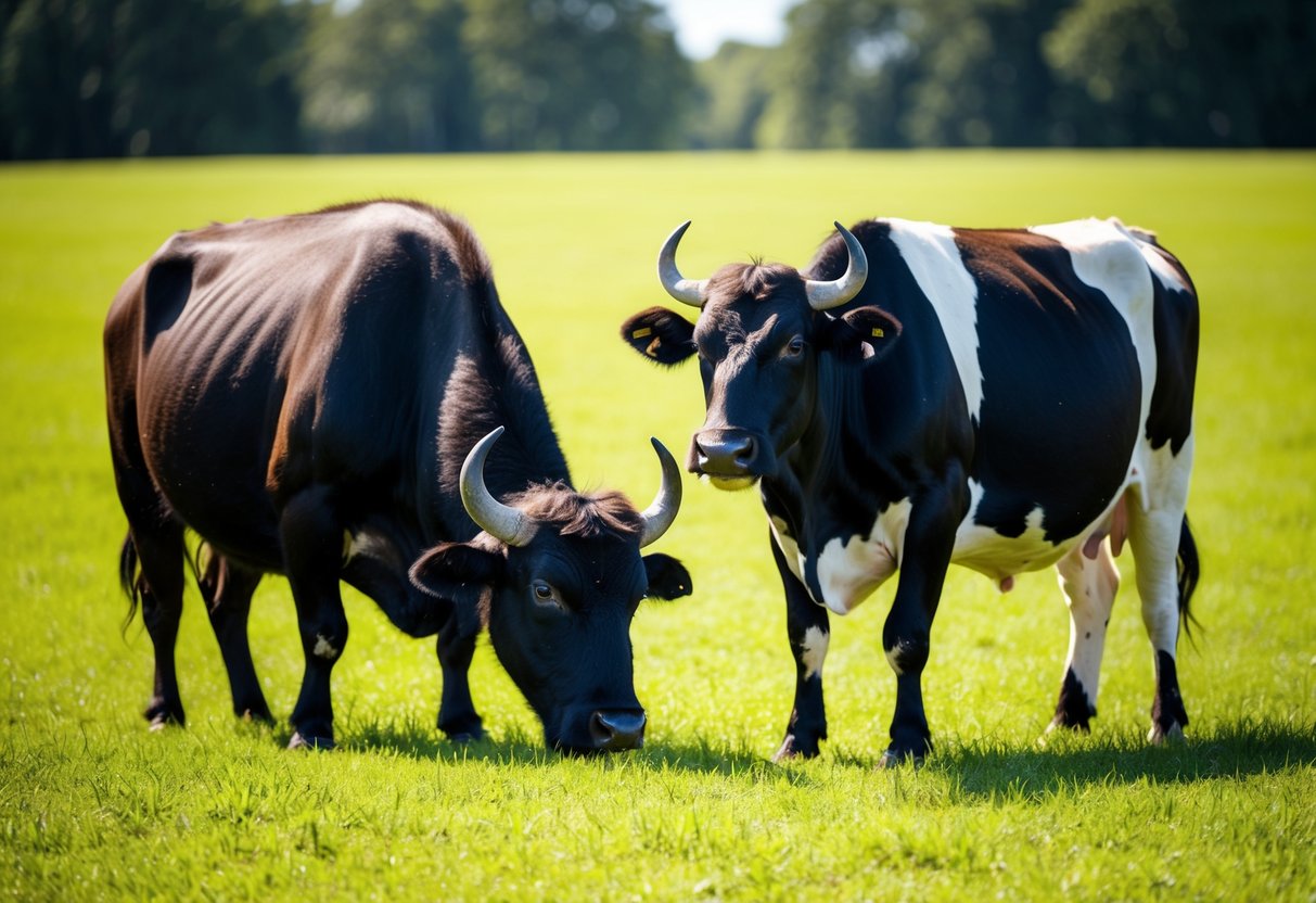 A buffalo and a cow stand side by side, grazing in a lush green field, their similar appearances hinting at the question of their taste