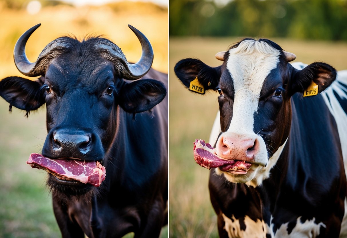A buffalo and a cow side by side, each with a piece of meat in their mouths, chewing. The buffalo's meat appears tougher and leaner, while the cow's meat looks softer and fattier