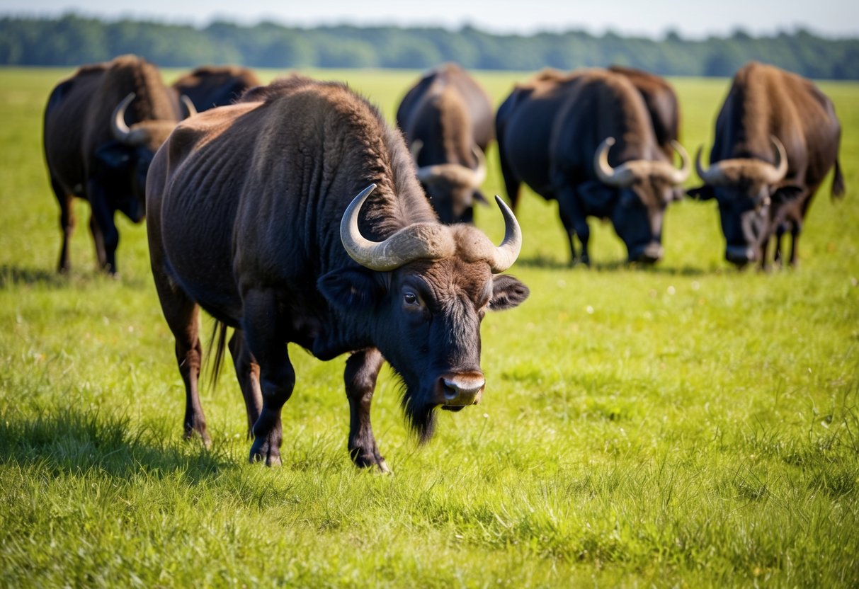 A buffalo grazing in a grassy field, surrounded by other members of its herd
