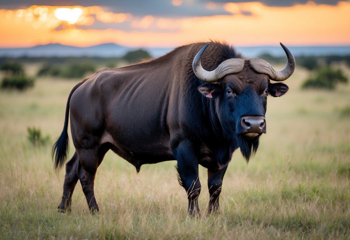 A male buffalo stands proudly in a grassy savanna, its massive body and horns dominating the landscape