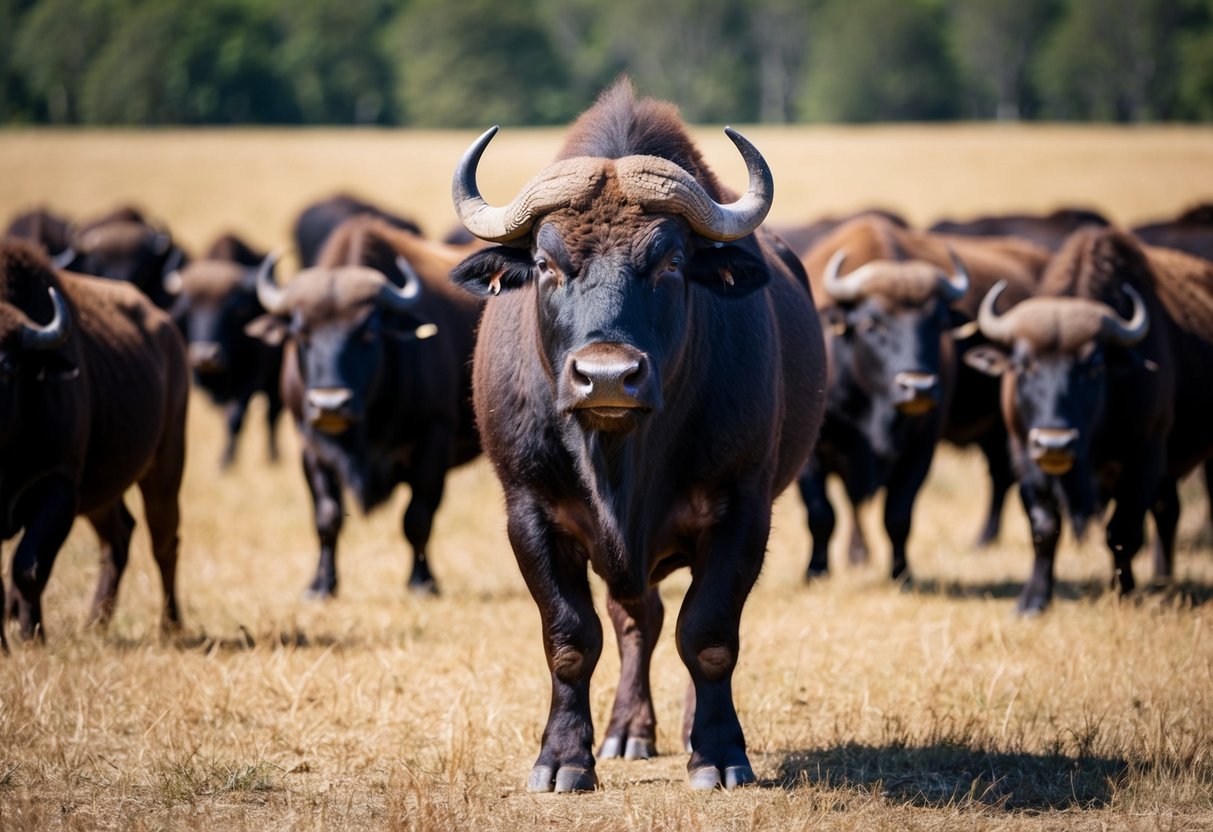 A male buffalo standing proudly among the herd, with its large and powerful body exuding dominance and strength