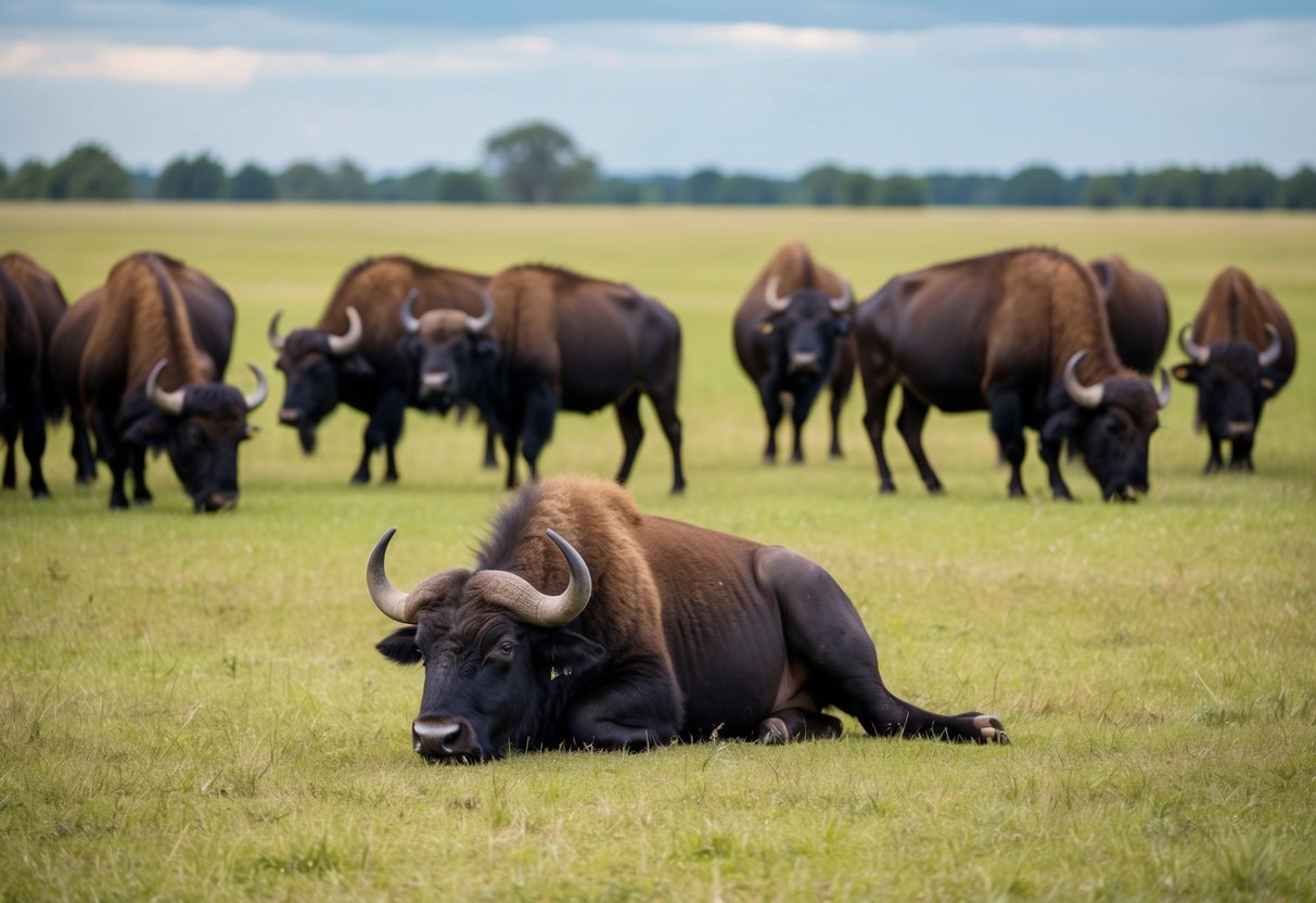 A herd of buffalo grazing in a grassy plain, one buffalo separated from the group and lying motionless on the ground