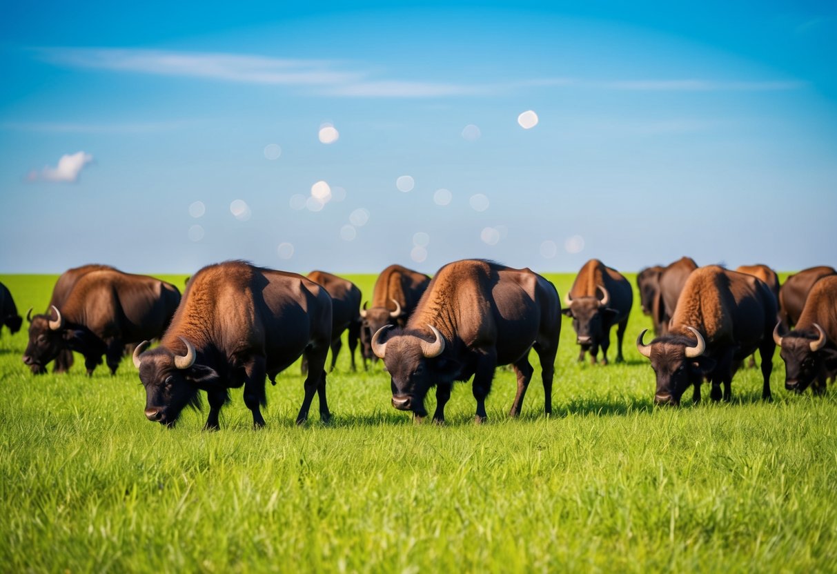 A herd of buffalo grazing on lush, green grass under a clear blue sky