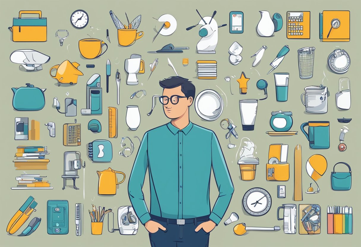 A person surrounded by various everyday objects, each illustrating a different logical fallacy through clever visual cues and juxtapositions