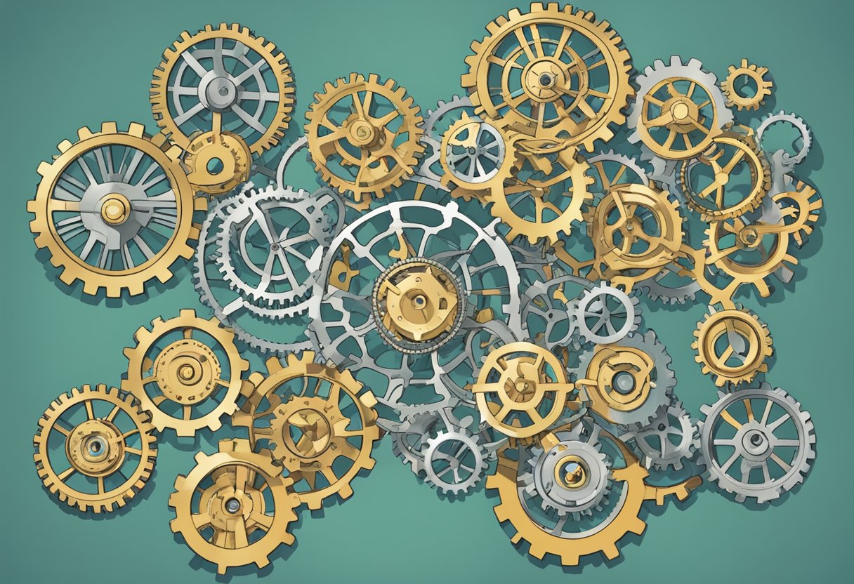 A web of interconnected gears, representing the 10 essential mental models, each turning and influencing the others in a complex system