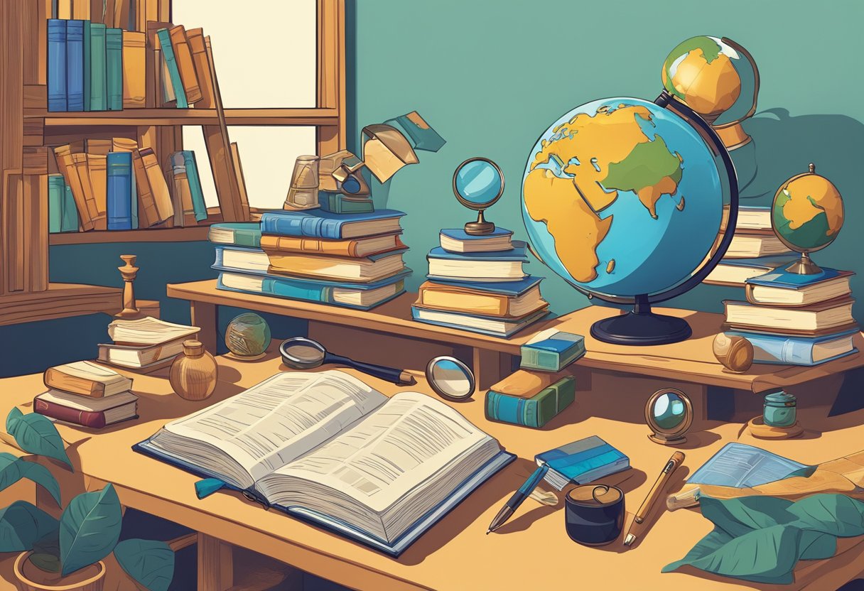 A table surrounded by various objects representing deep thinking, such as books, a globe, a journal, a magnifying glass, and a puzzle