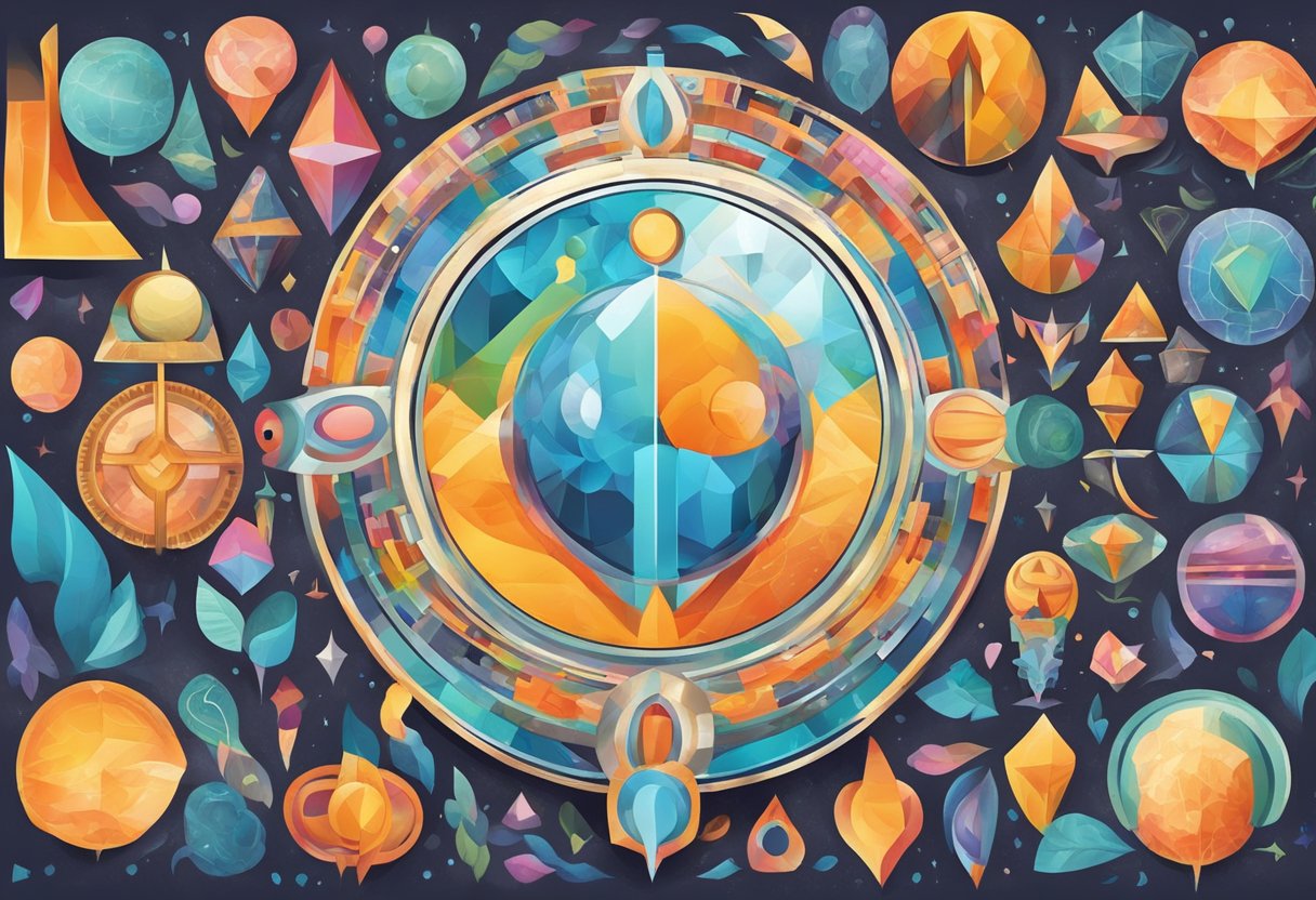 A mirror reflecting various abstract symbols and images, representing the inner thoughts and questions of self-discovery