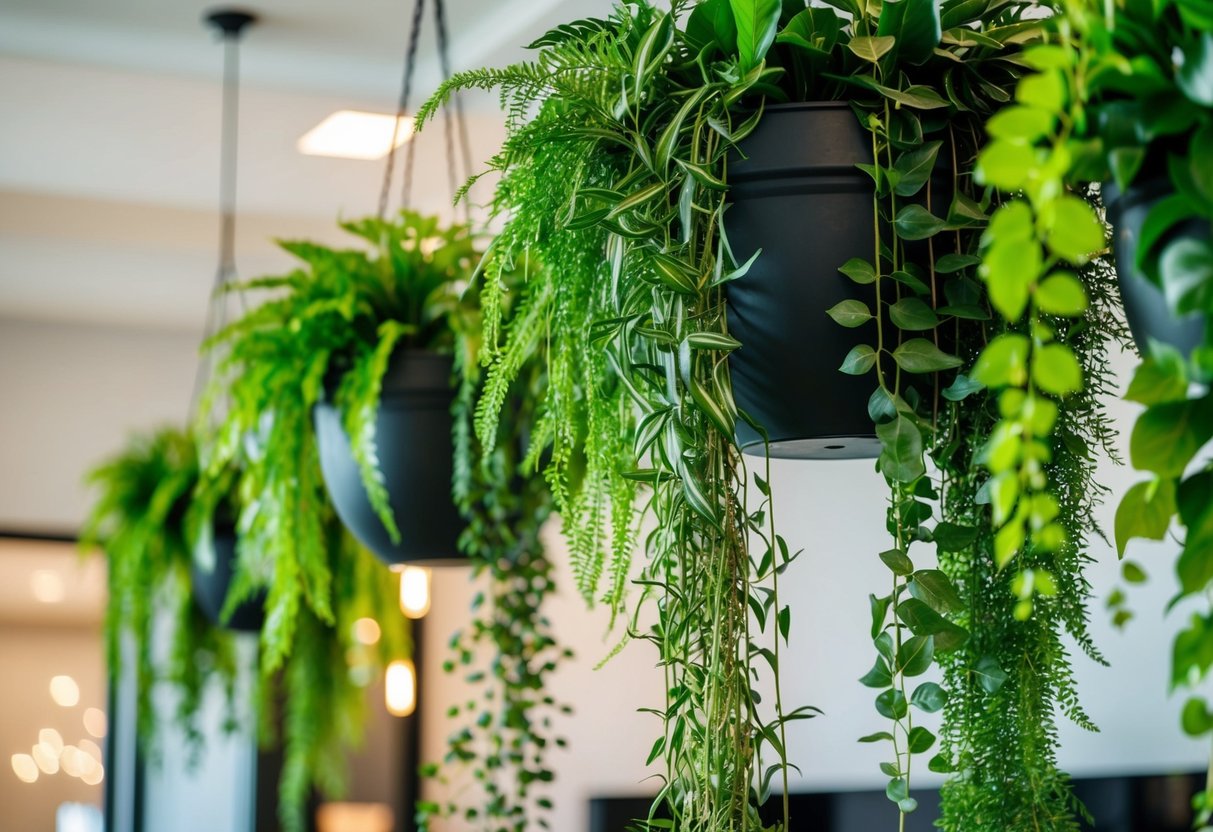 Lush greenery cascades down from hanging planters, filling the space with vibrant life and adding a touch of natural beauty to the indoor environment