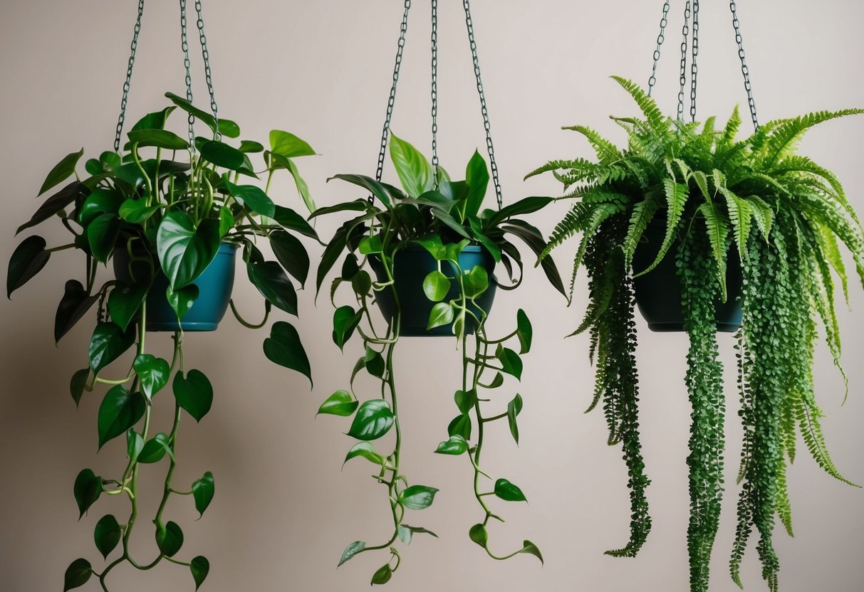 Lush green pothos, spider plants, and ferns cascading down from hanging planters against a neutral background