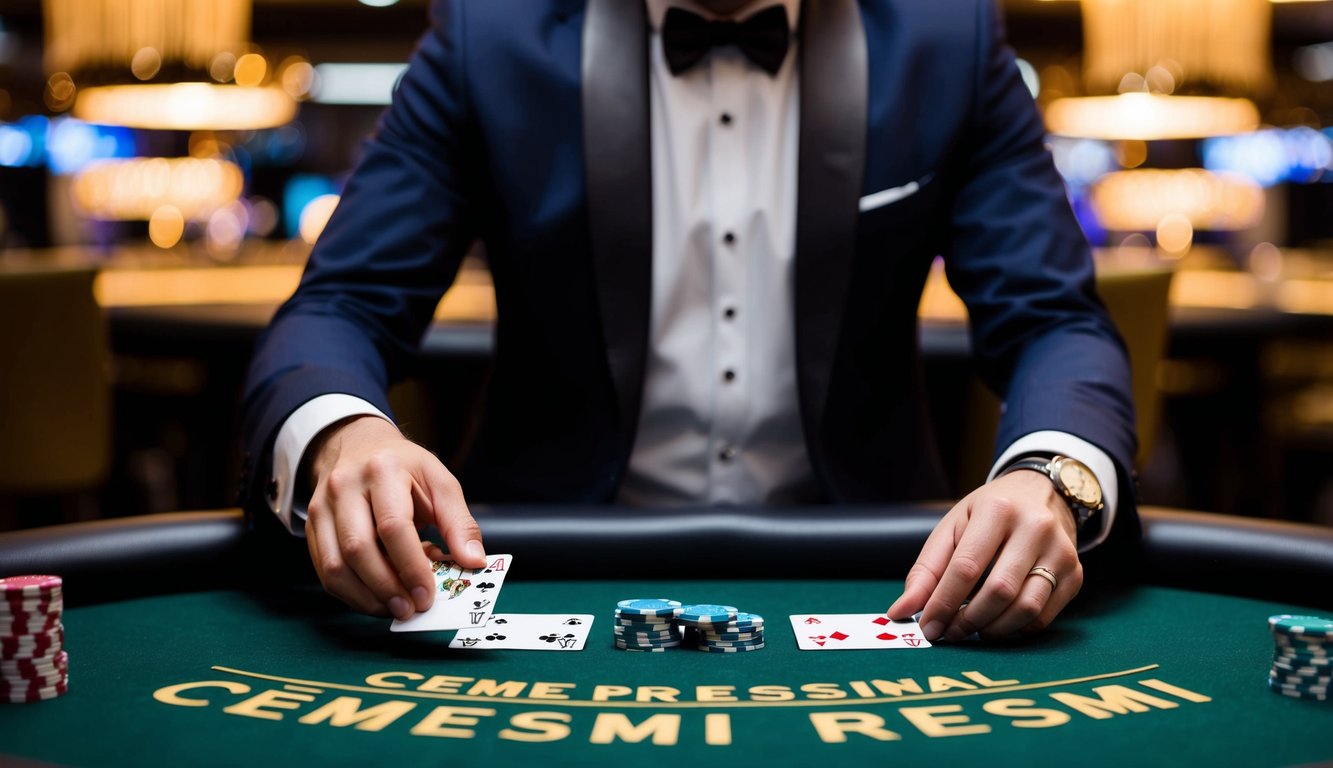 Seorang dealer profesional di situs web ceme resmi, membagikan kartu di meja dengan permukaan felt hijau, dikelilingi oleh chip poker dan satu dek kartu