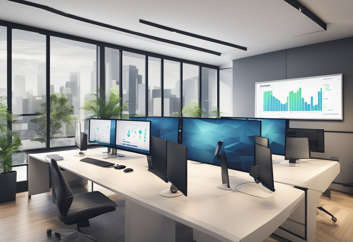 A sleek, modern office space with two computer screens displaying the GoHighLevel and Keap logos side by side, with charts and graphs on the walls