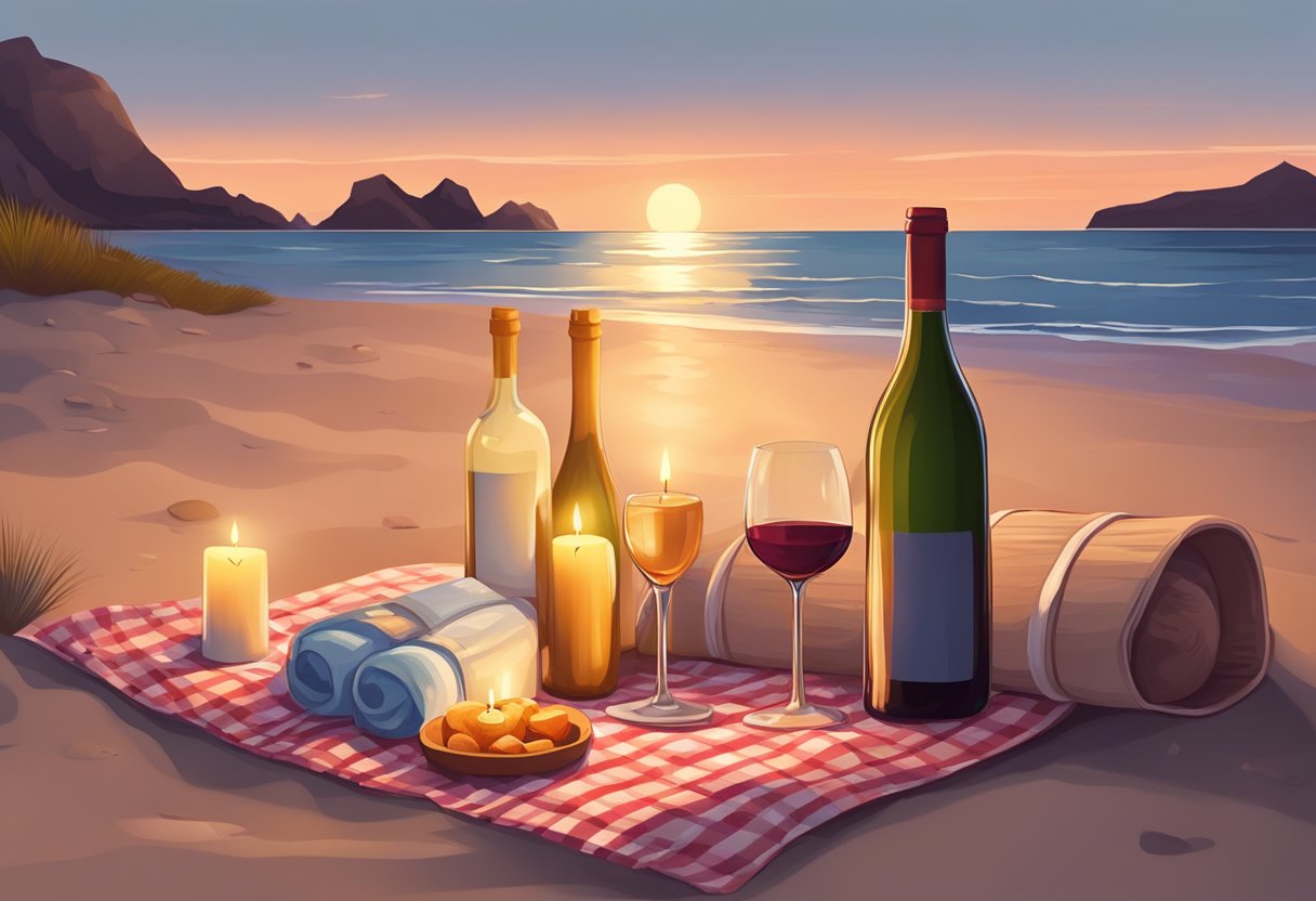 A secluded beach at sunset, with a picnic blanket, candles, and a bottle of wine set up for a romantic date