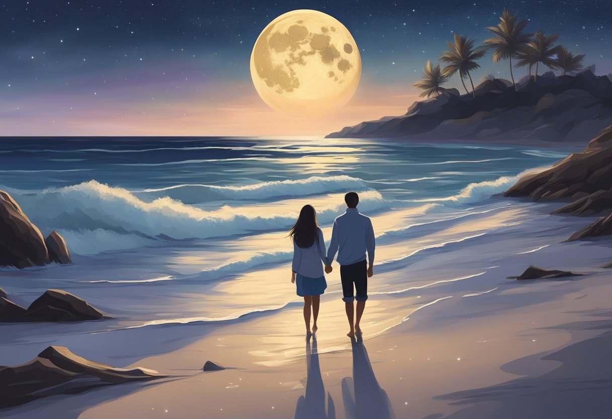 A couple strolling along a moonlit beach, with gentle waves and a starry sky creating a romantic atmosphere