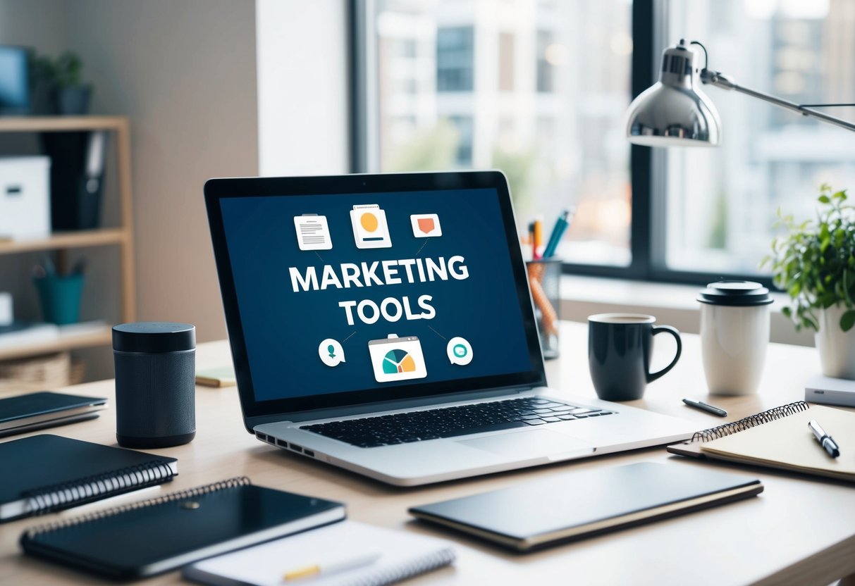 A laptop surrounded by various marketing tools and resources. A desk with a notepad, pen, and coffee mug. A bright, organized workspace