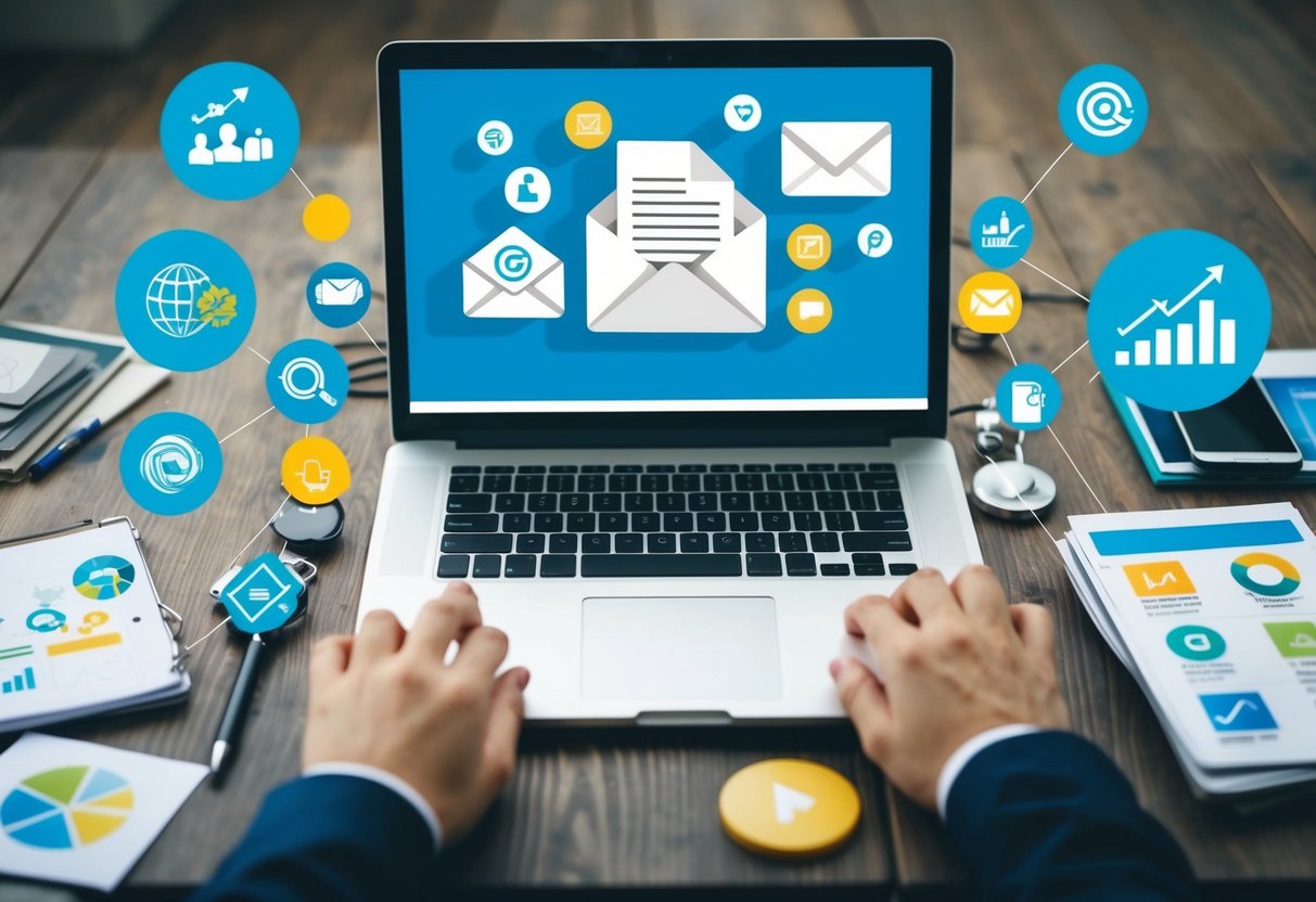 A laptop surrounded by various marketing tools and icons, with an email newsletter being sent out to a list of subscribers