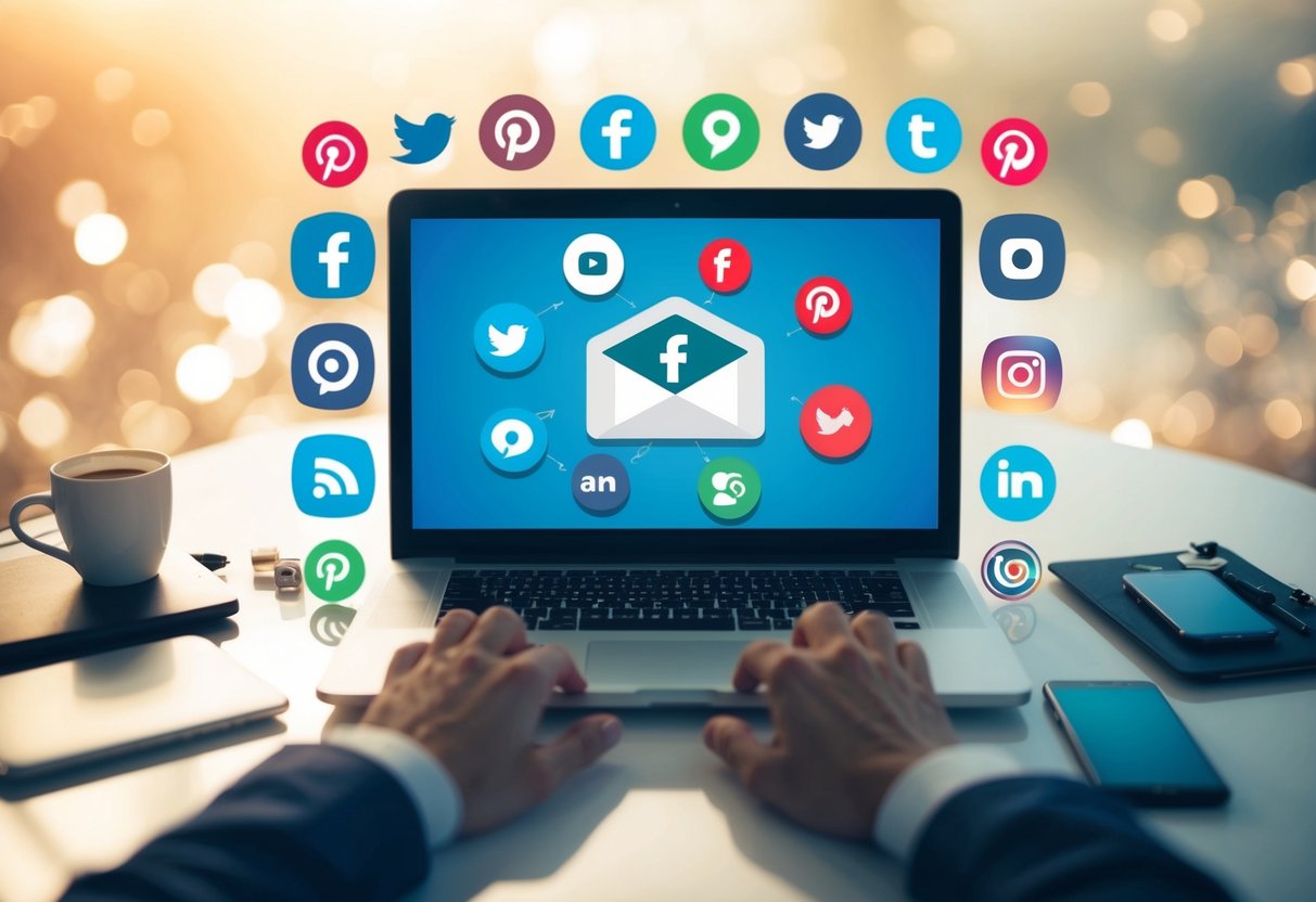 A laptop surrounded by various social media icons and affiliate marketing tools