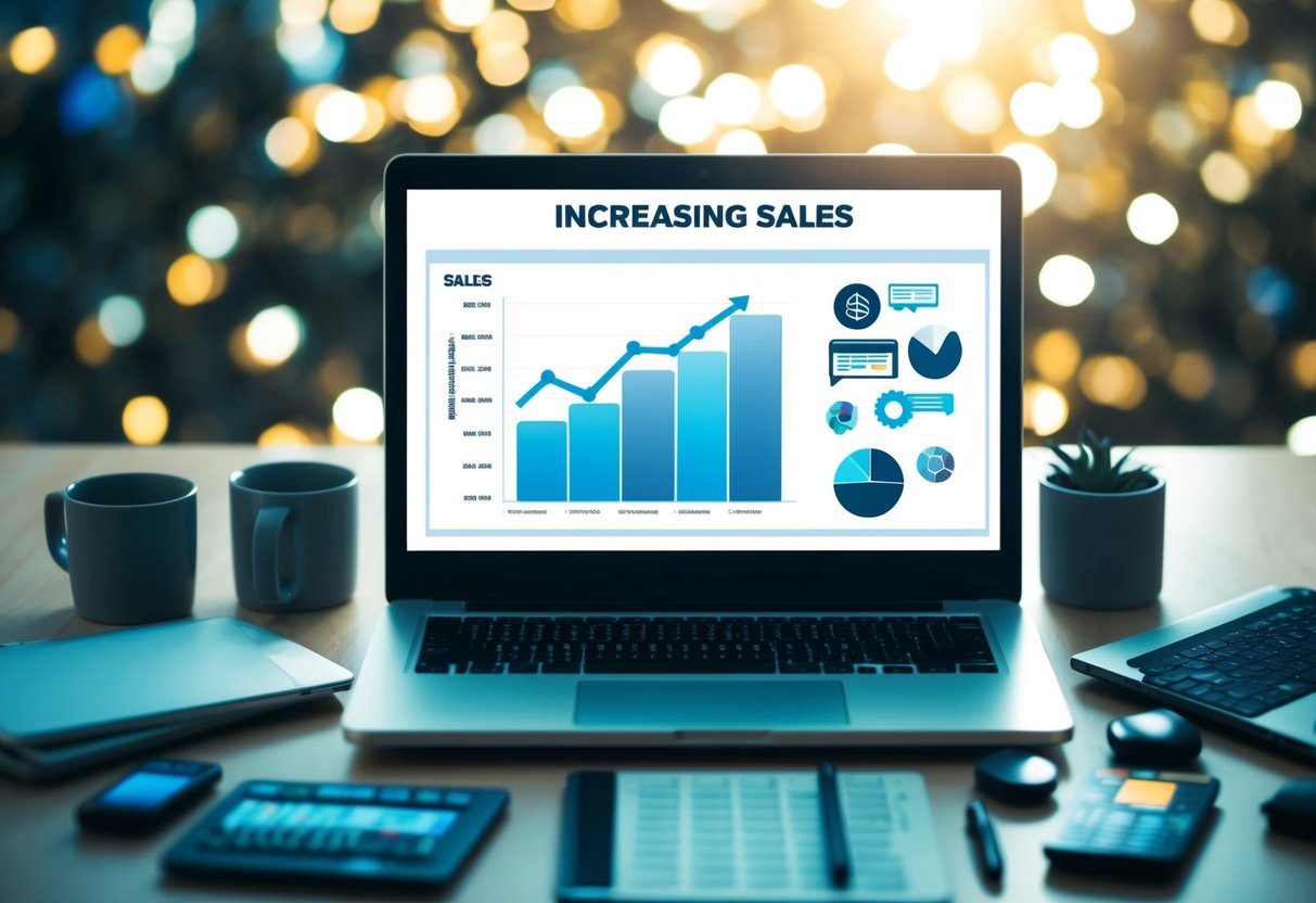 A laptop displaying a graph of increasing sales, surrounded by various web performance tools and affiliate marketing resources