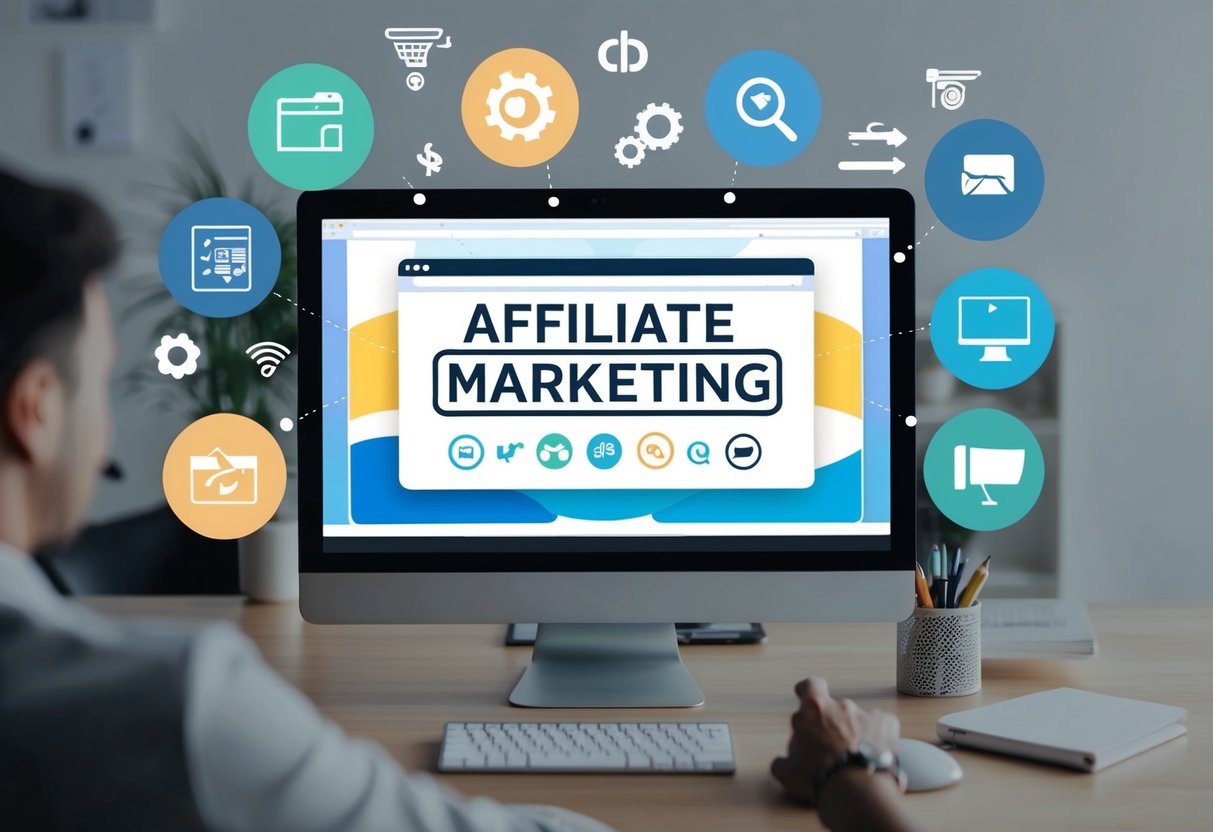 A computer screen with design and writing tools, surrounded by affiliate marketing icons and symbols