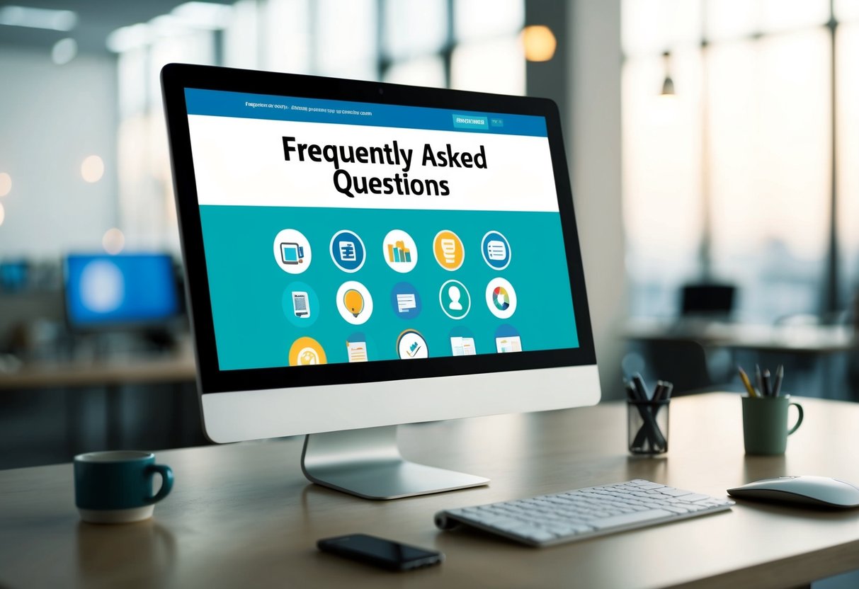 A computer screen displaying a webpage with "Frequently Asked Questions" and various affiliate marketing tools icons