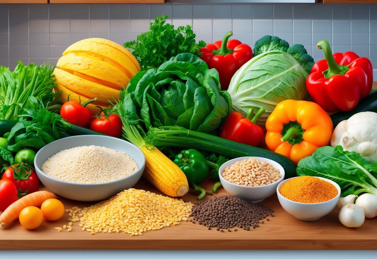 Cheap and Easy Dinner Recipes A colorful array of fresh ingredients, including vegetables, grains, and proteins, laid out on a kitchen counter