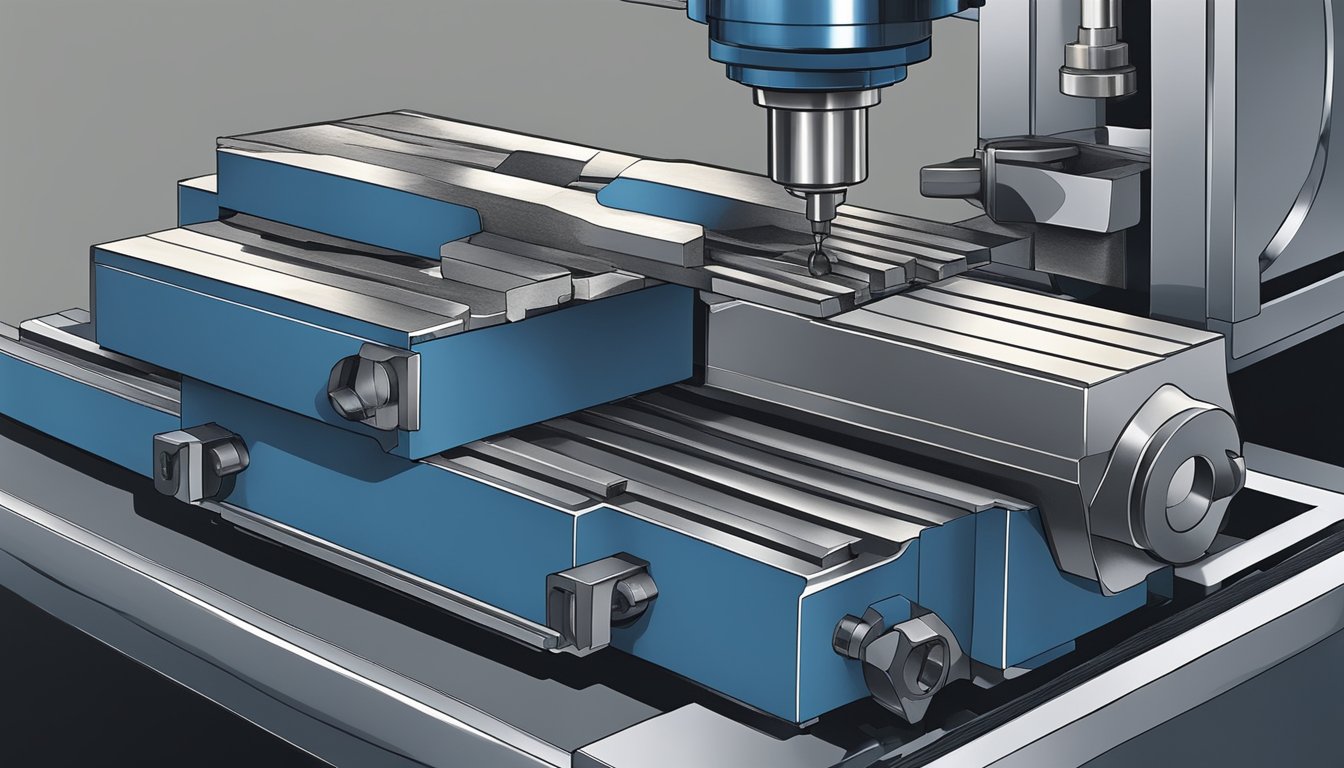 A close-up of a milling machine cutting through a solid block of cast iron, producing fine metal shavings