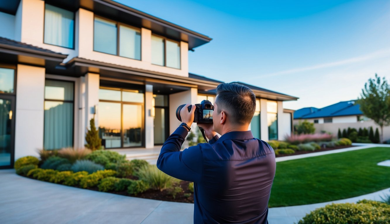 A professional photographer capturing a stunning exterior shot of a modern home with beautiful landscaping and clear blue skies