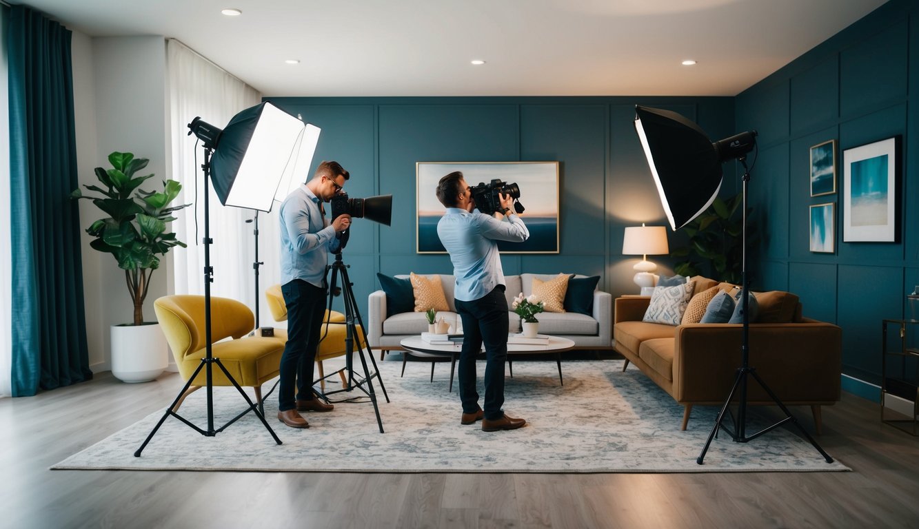 A professional photographer setting up lighting and equipment to capture a stunning interior shot of a modern living room with stylish furniture and decor