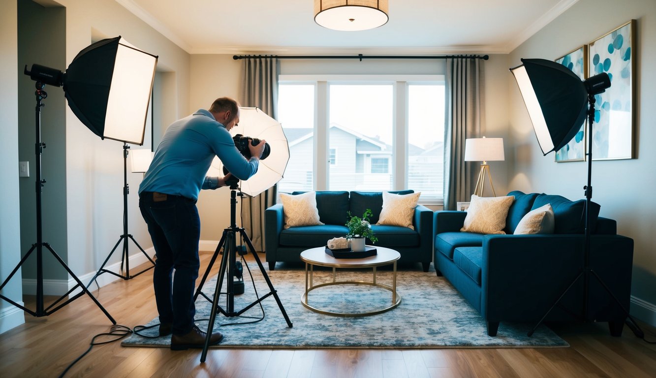 A photographer setting up lighting and equipment in a well-staged living room for a real estate photography session