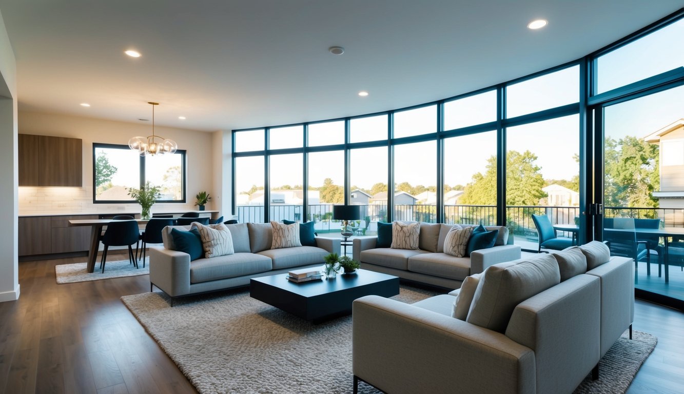 A bright, spacious living room with modern furniture and large windows, showcasing the natural light and open layout of the property