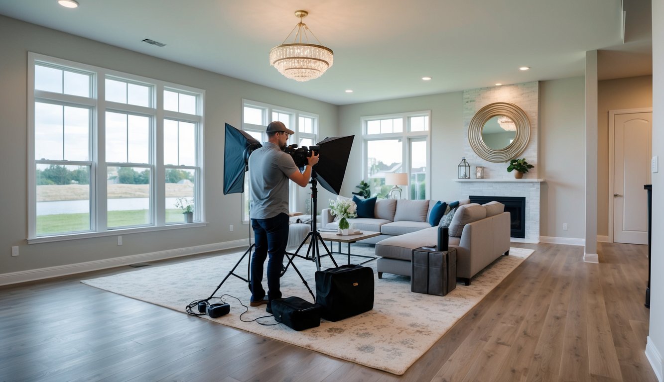 A real estate photographer setting up lighting and camera equipment in a spacious, well-staged living room with large windows and modern furnishings