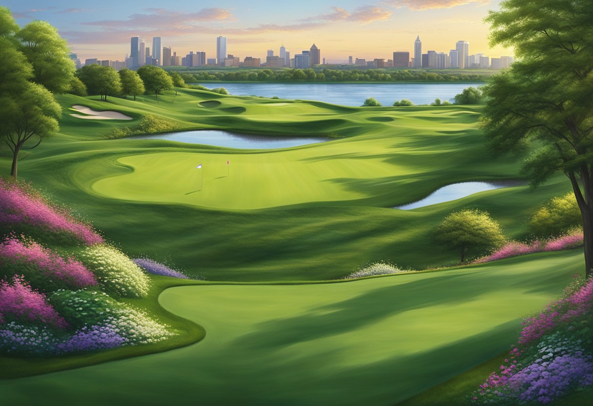 A panoramic view of a lush, rolling golf course set against the backdrop of the Milwaukee skyline, with well-manicured fairways and vibrant greenery