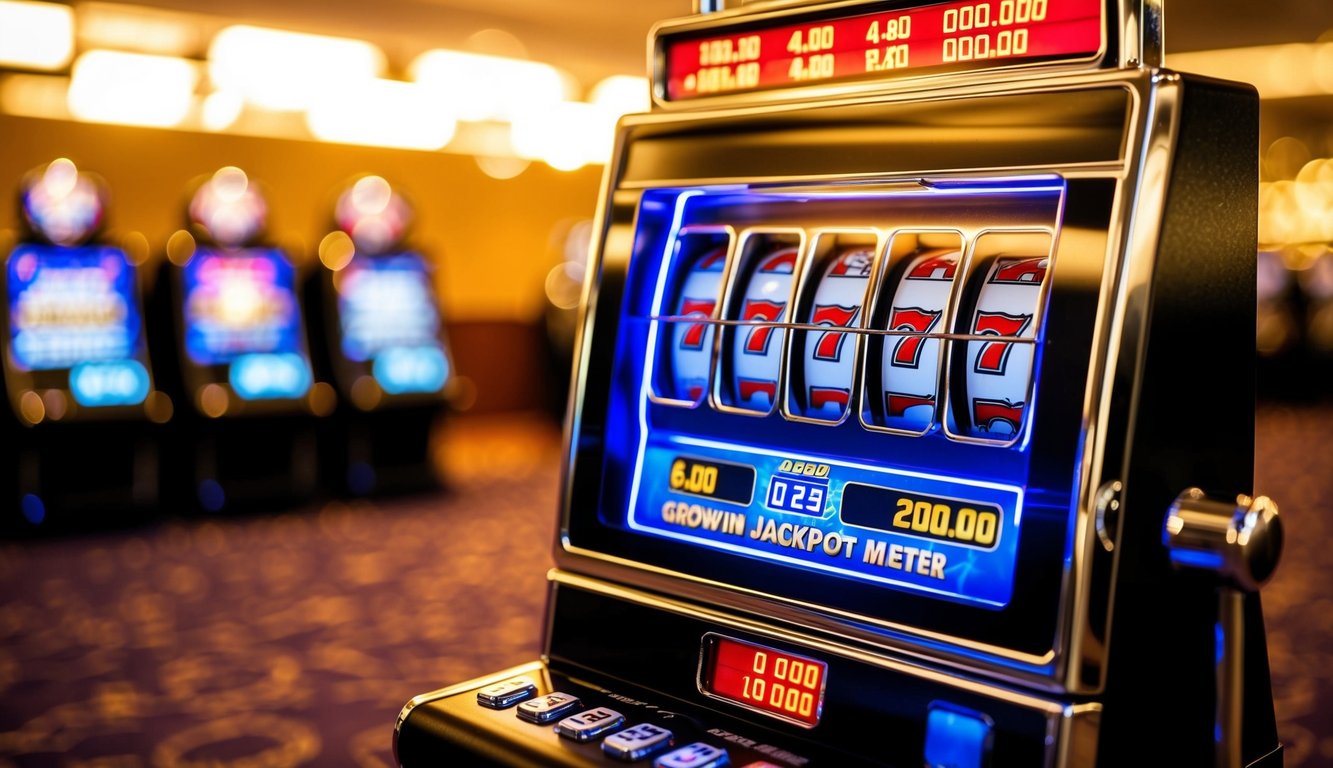 Sebuah mesin slot digital dengan lampu berkedip dan meter jackpot yang terus bertambah