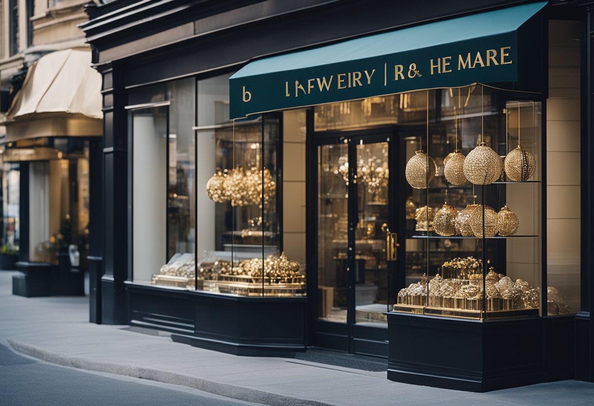 A jewelry store with a prominent sign and window display, surrounded by local landmarks and businesses