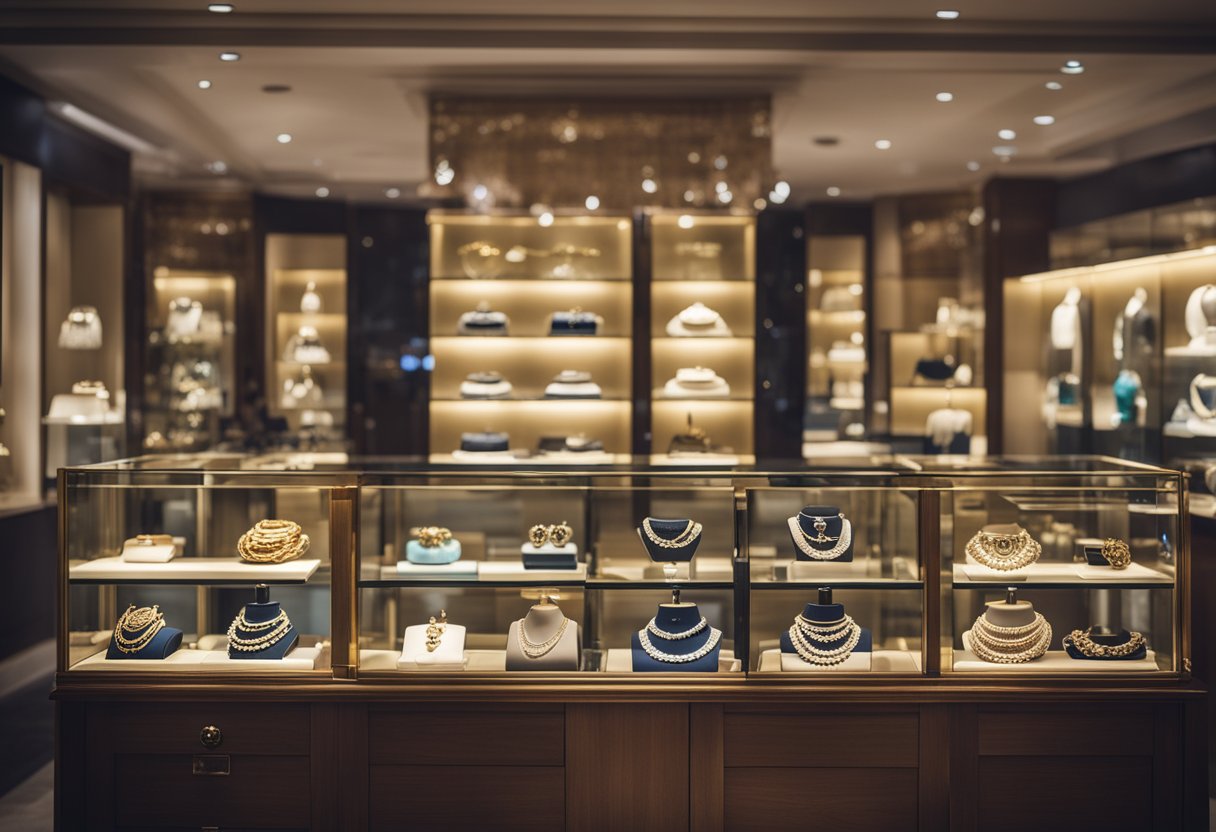 A jewelry store with a prominent sign reading "Local SEO" and "Traditional SEO" on opposite sides, surrounded by sparkling gemstones and elegant display cases