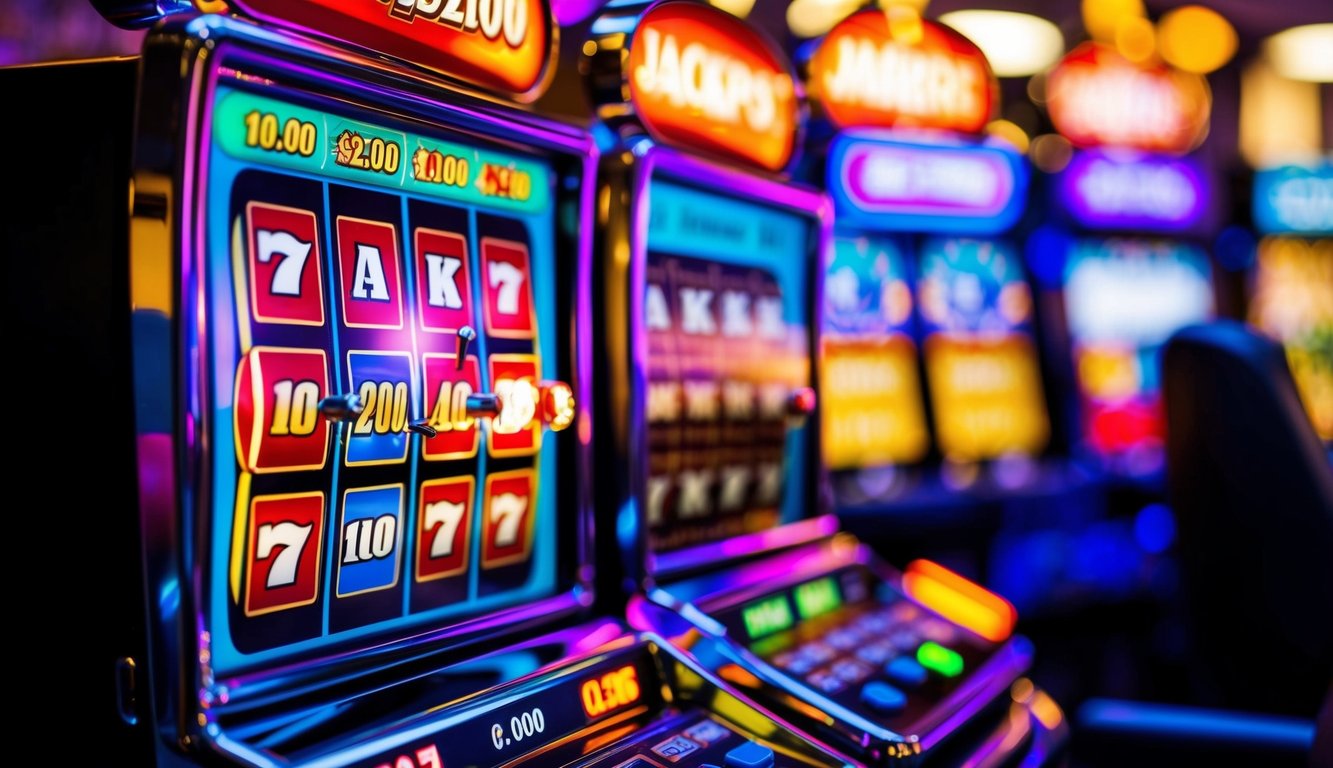 Sebuah mesin slot online berwarna-warni dengan lampu berkedip dan meteran jackpot yang terus bertambah