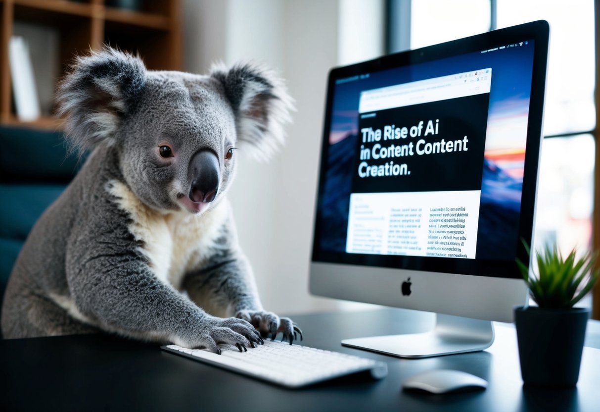 A koala sits at a computer, typing with precision. The screen displays an article titled "The Rise of AI in Content Creation."