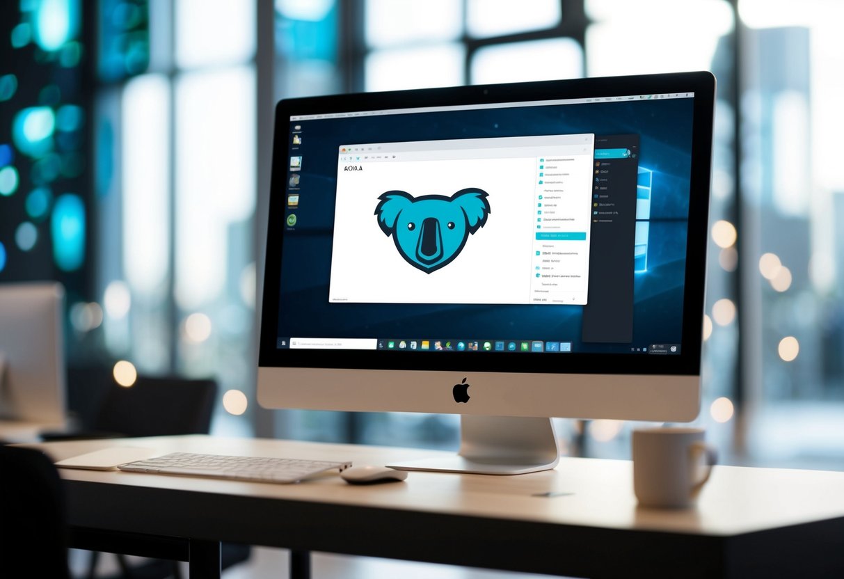 A sleek computer monitor displays the Koala AI Writer interface, with a stylized koala logo in the corner and a clean, user-friendly layout