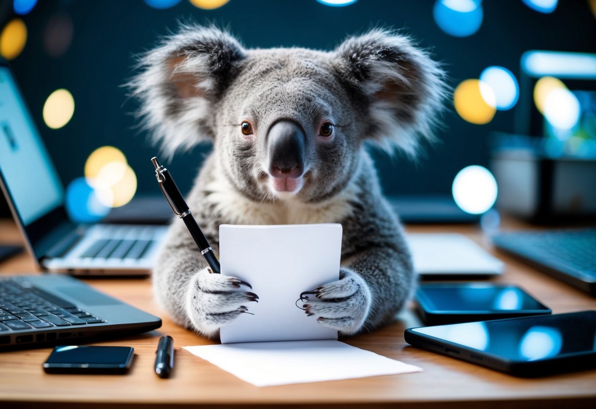 A koala holding a pen and paper, surrounded by various technological devices