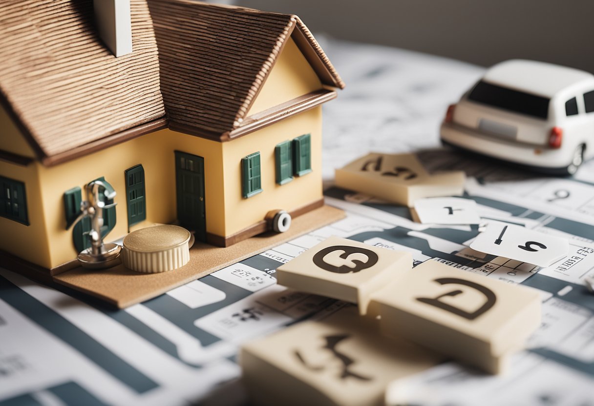 A family home surrounded by question marks, with a scale representing debt and a house representing real estate investment